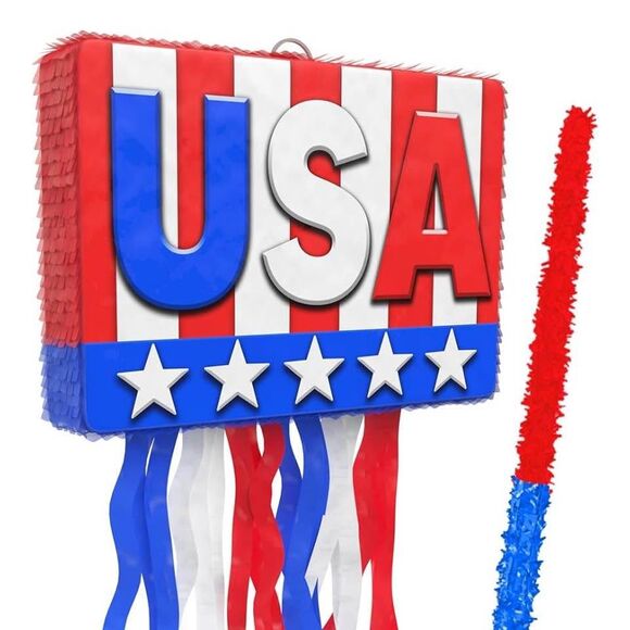 Independence Day USA Small Piñata Set With Stick, Red White Blue 4th of July - Picture 1 of 4